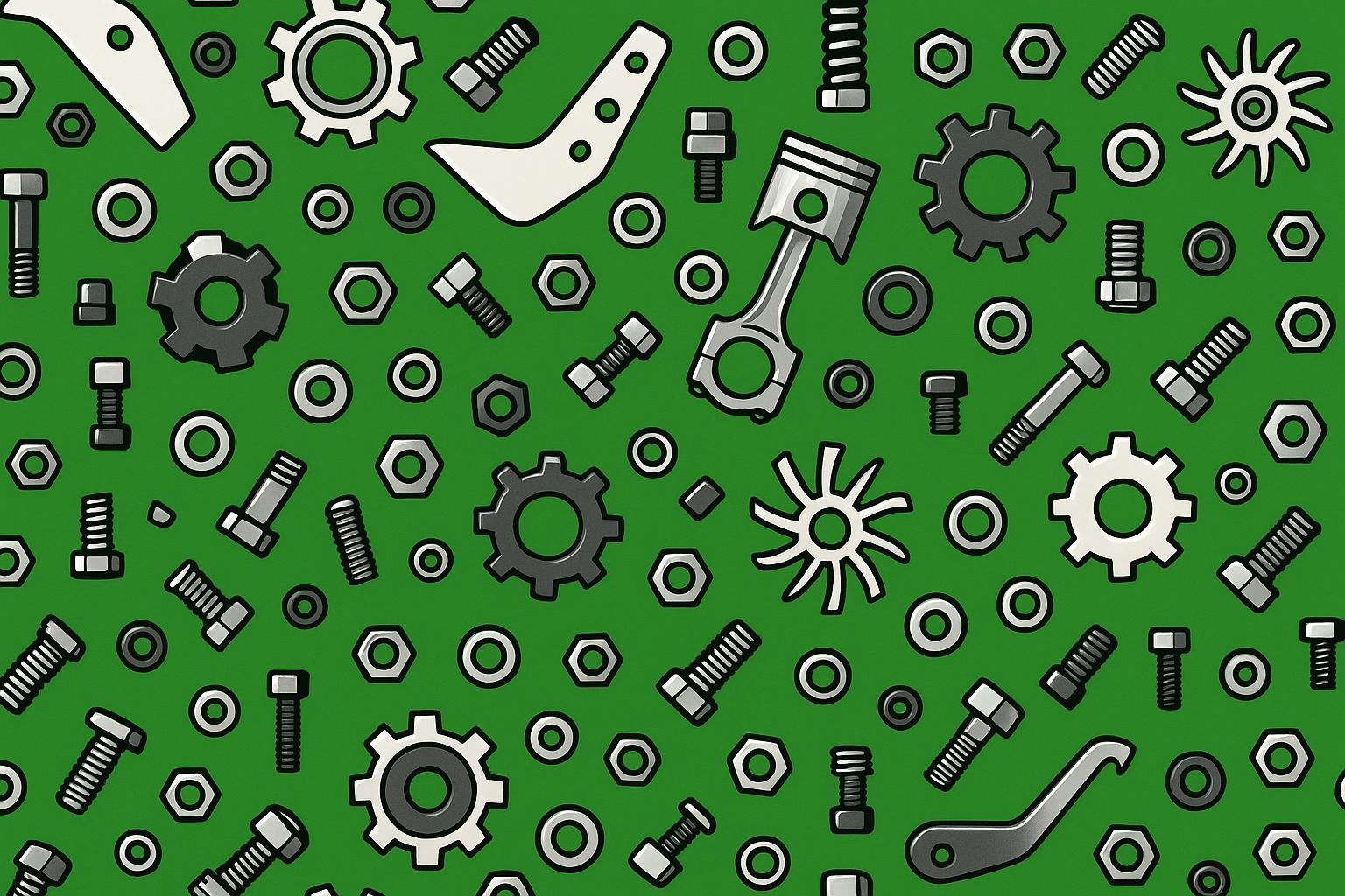 Pattern ricambi e ingranaggi, sfondo verde 3aaa35 e icone a contrasto
